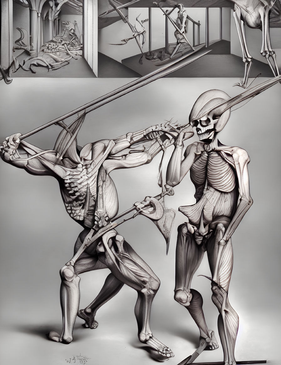 Dynamic grayscale skeleton illustration with weapons in motion poses.