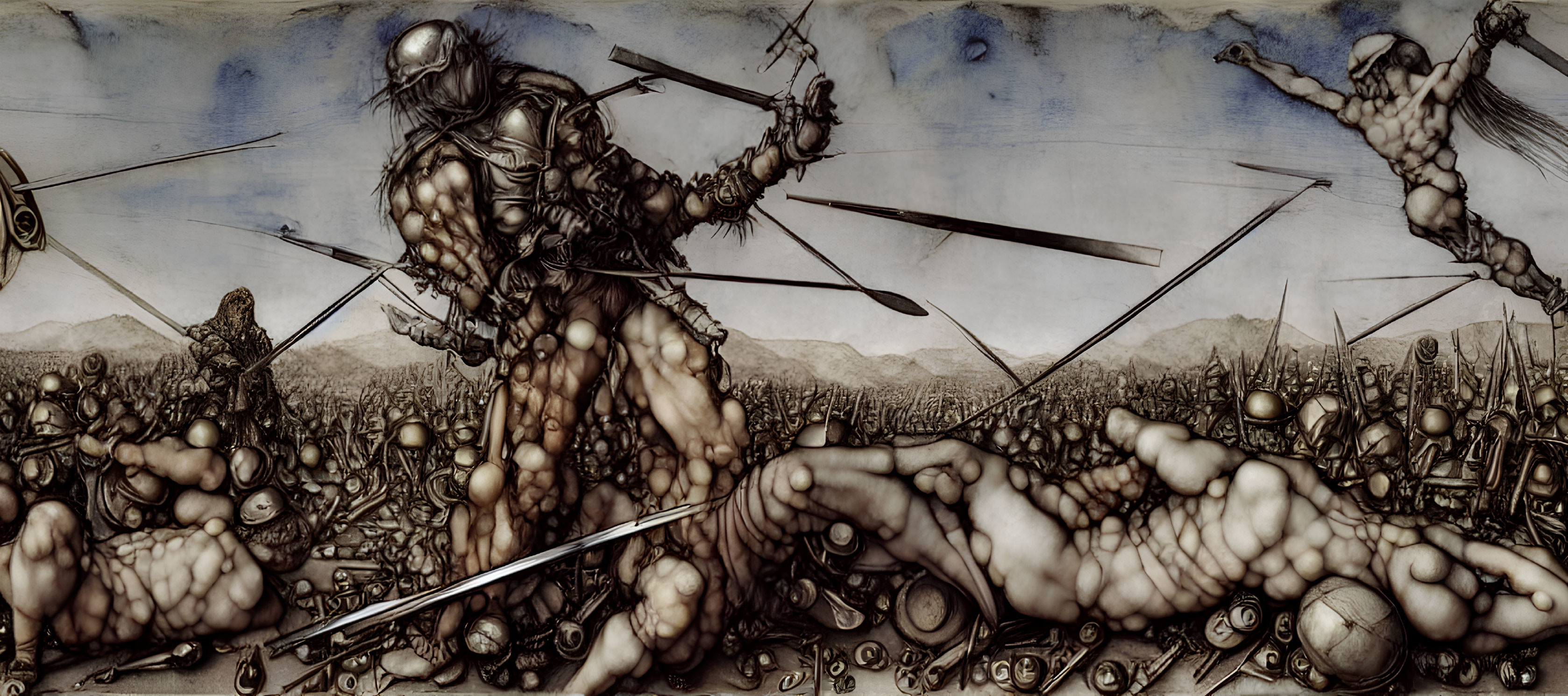 Monochromatic fantasy artwork of intense battle scene