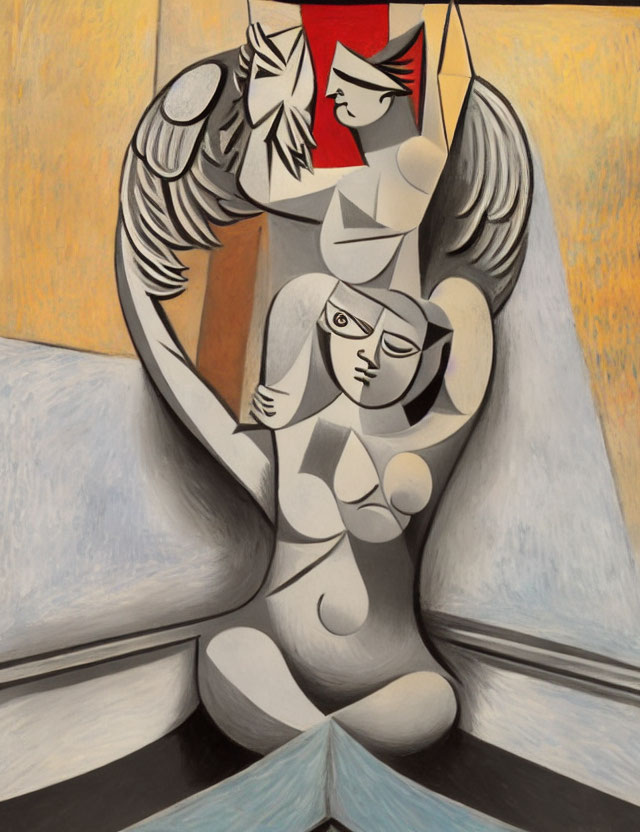Abstract cubist-style painting of angelic figure with mask in warm tones