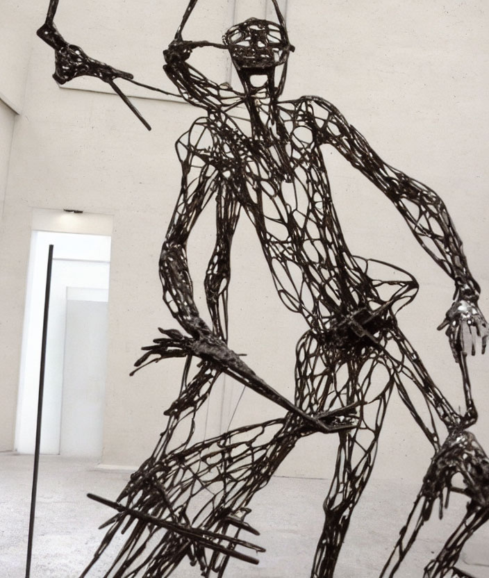 Abstract Metal Humanoid Figure Sculpture with Spear in White Gallery