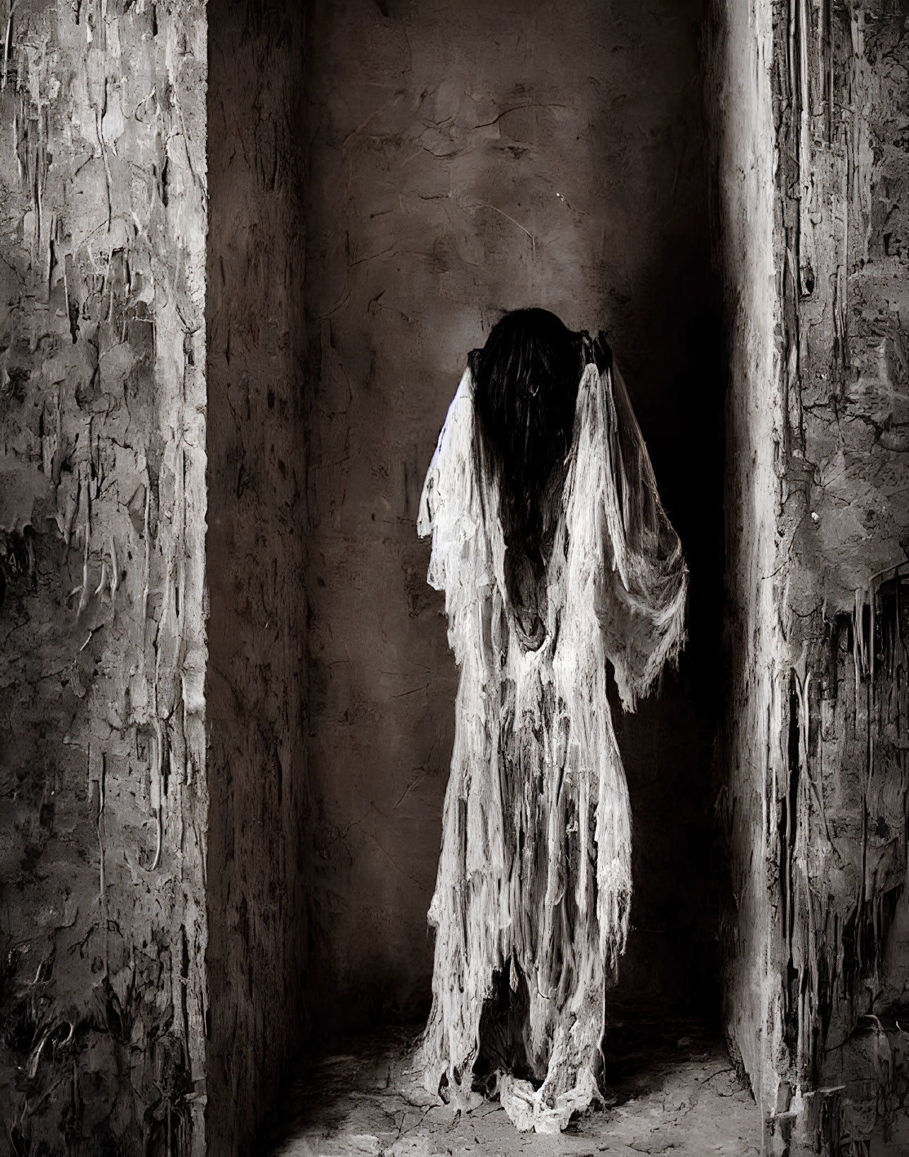 Eerie figure in tattered white cloth in dilapidated room