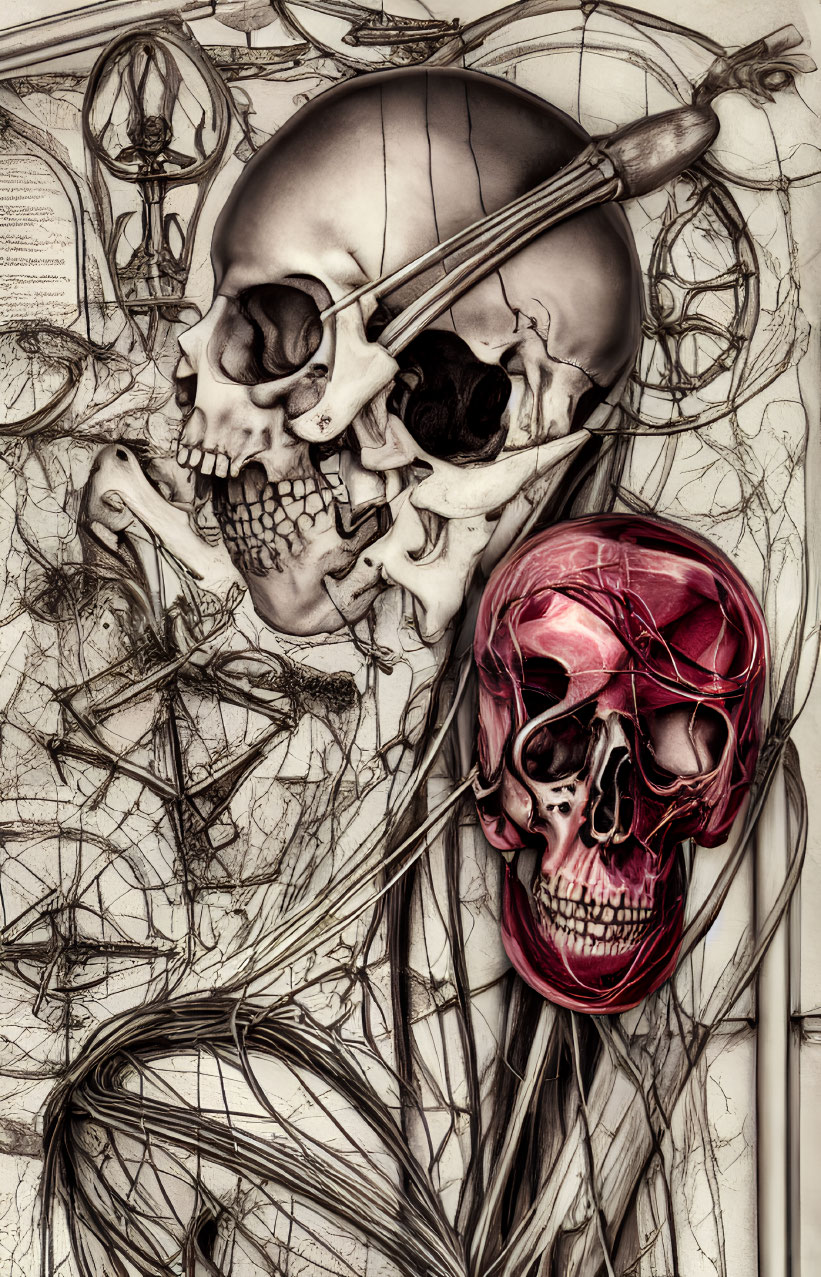 Illustrations of human skulls with colored cranial regions in abstract line art with a compass, on textured