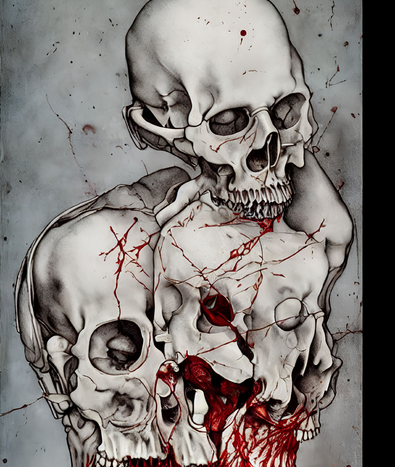 Dark Illustration of Three Stacked Skulls with Cracks and Blood Splatter