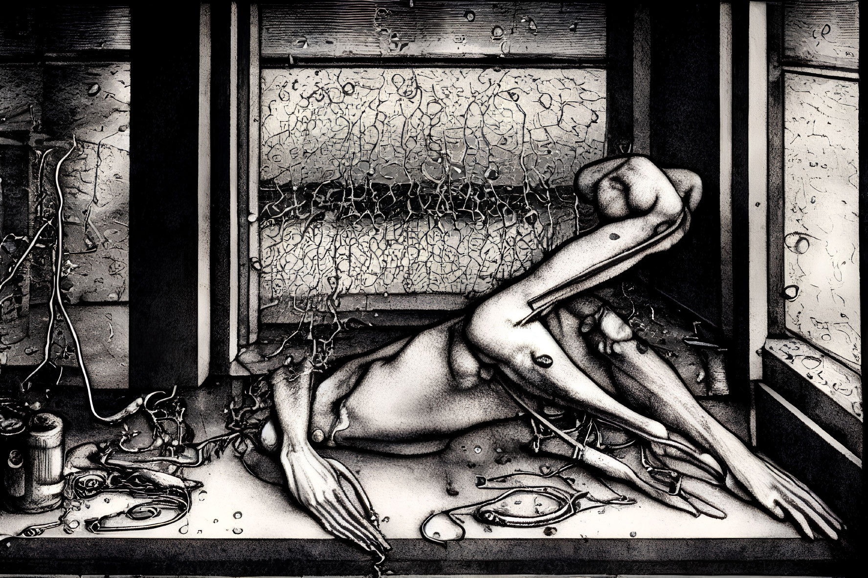 Detailed monochrome surreal figure in decrepit window frame with scattered objects