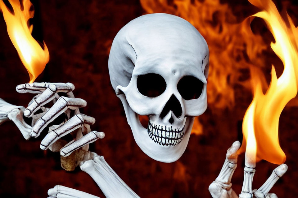 Skeleton with Grinning Skull and Flaming Torches in Fire Backdrop