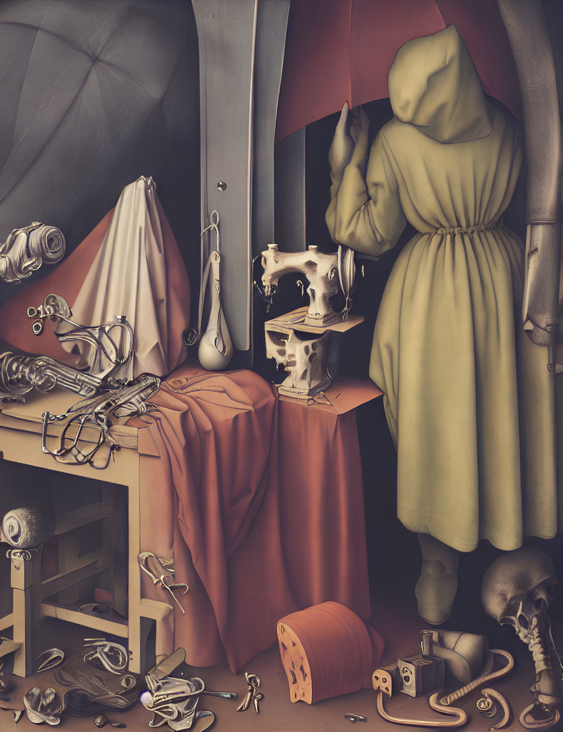 Surreal Cloaked Figure Artwork with Skull and Drapery in Earthy Tones