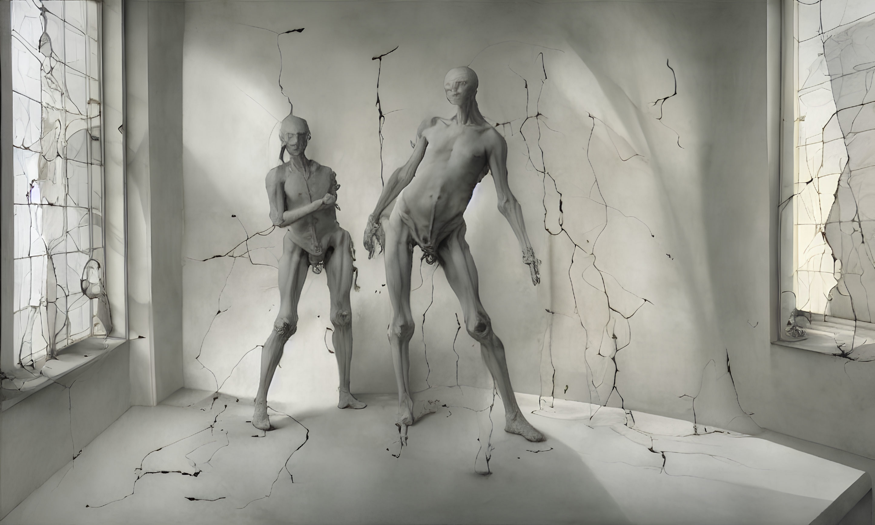 Humanoid sculptures disintegrating into branches in dilapidated room