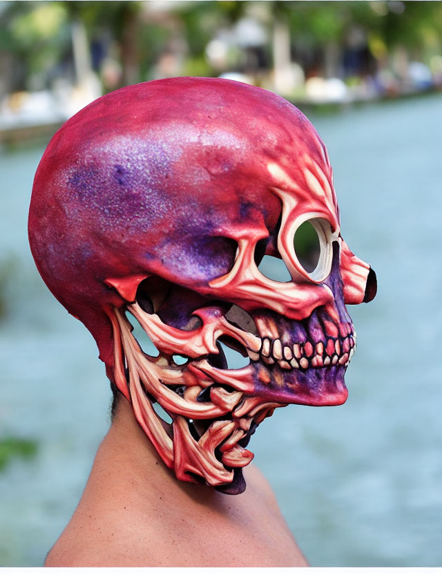 Realistic human skull mask with muscles against natural backdrop