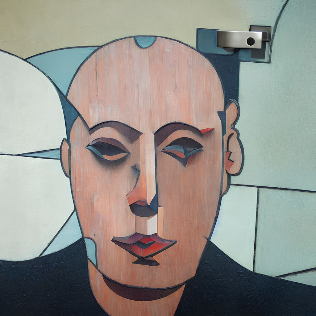 Geometric wooden mural of a neutral human face with camera above