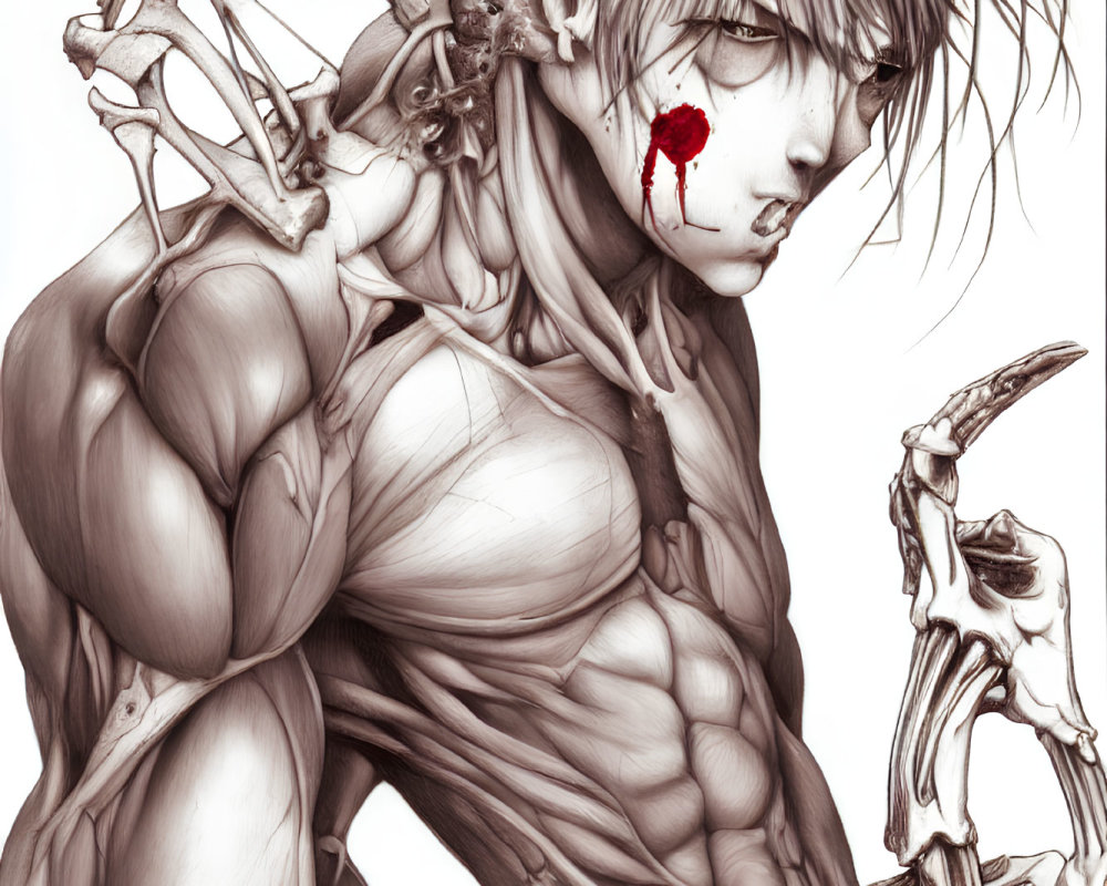 Muscular figure with exposed bones and red mark: Human anatomy artistic fusion