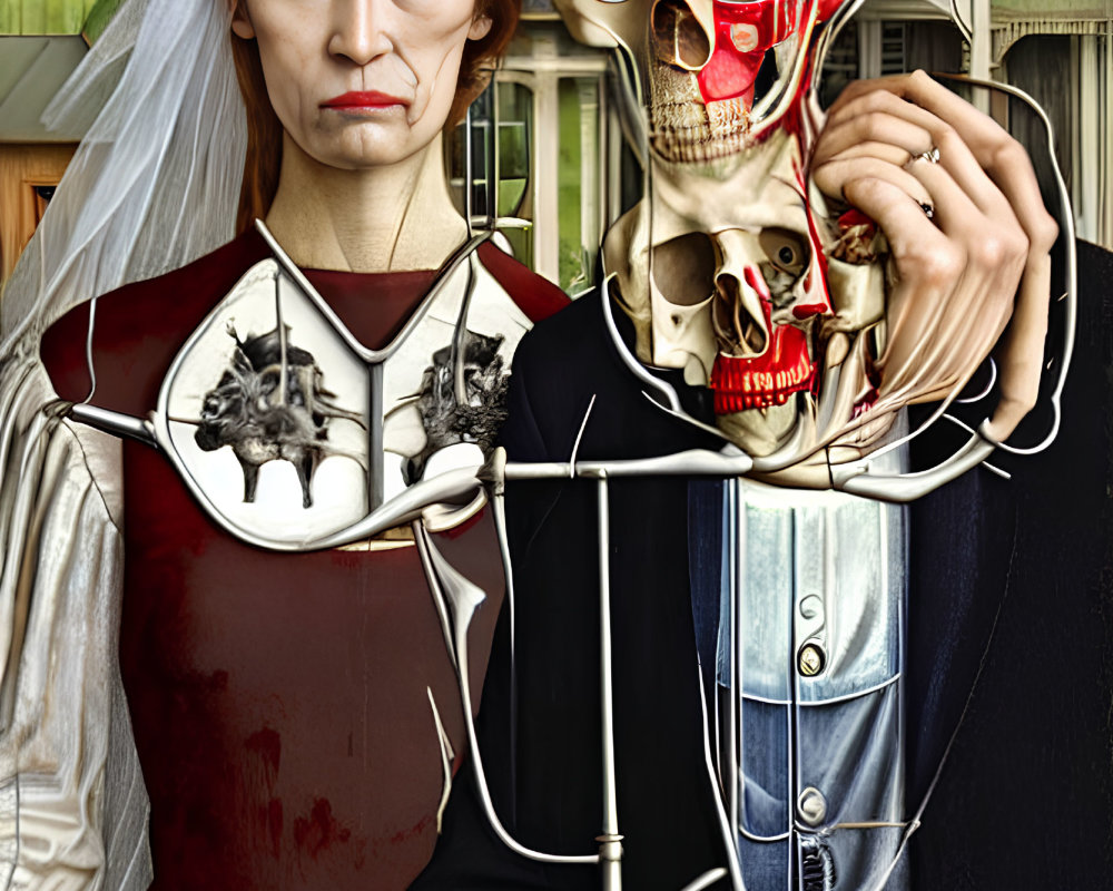 Surreal 'American Gothic' with skull-faced mask in farmhouse setting