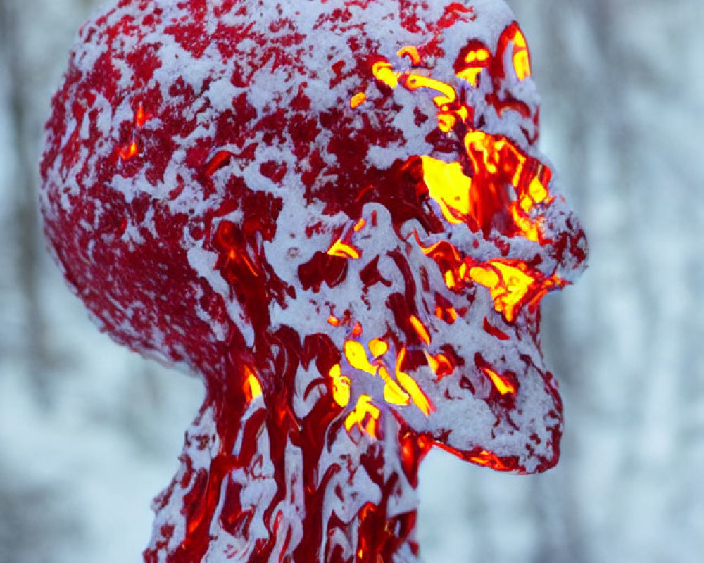 Melting red ice sculpture of human head with warm glow