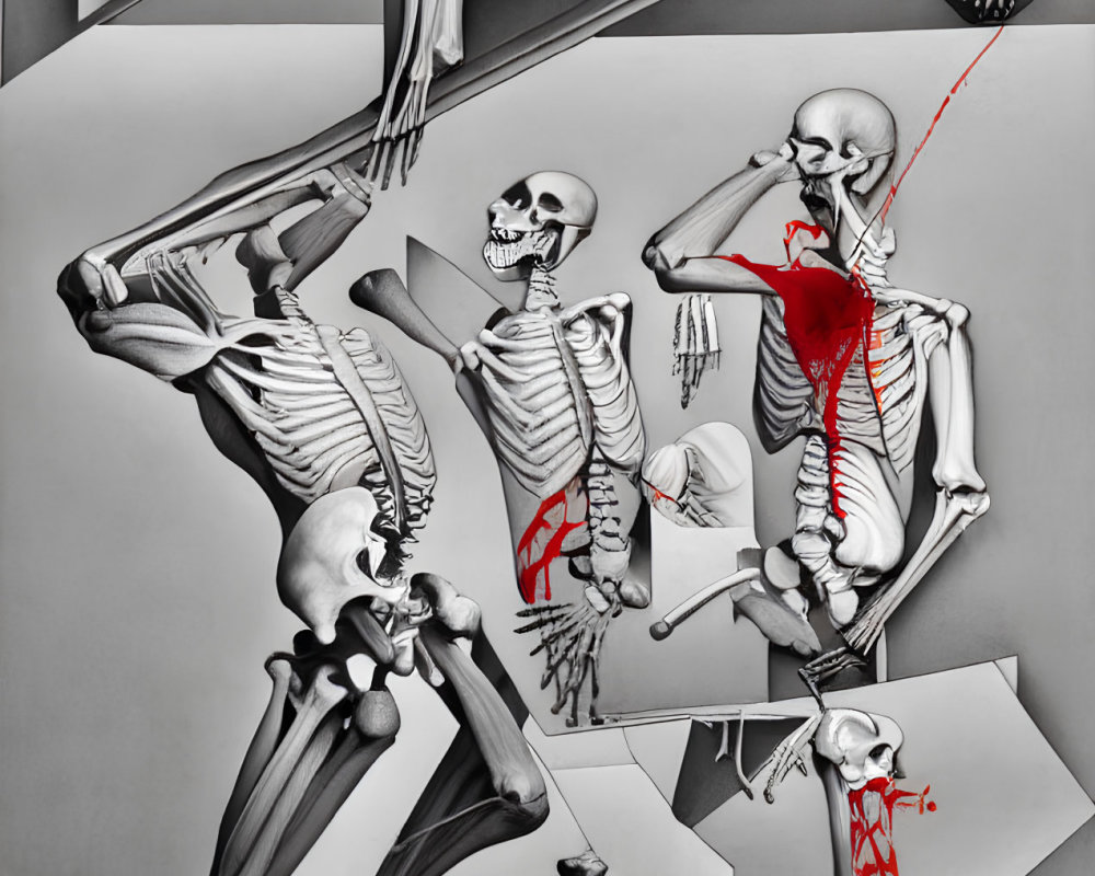 Multiple dynamic human skeleton poses with selective red highlights.