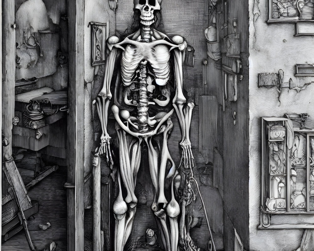 Monochrome illustration of full human skeleton in doorway with lab objects