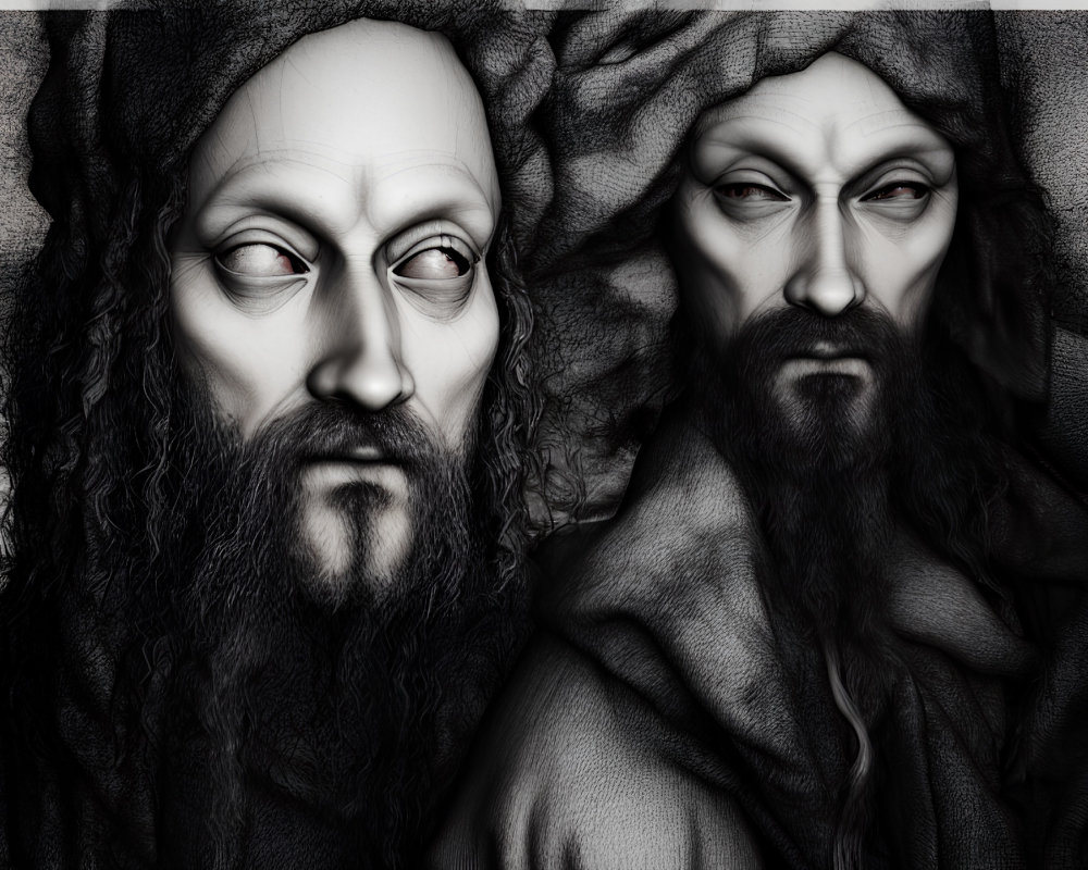 Monochrome artistic depiction of two male figures with intense gazes and draped headwear
