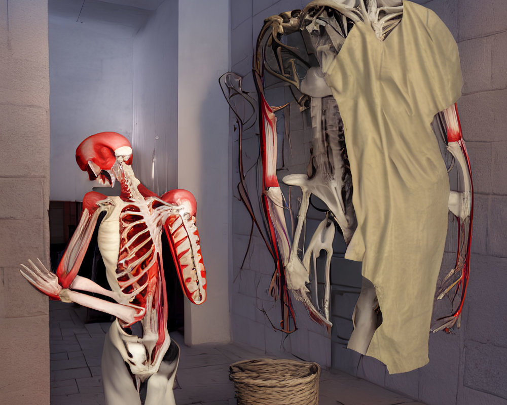 Anatomical model displaying muscles and skeletal structure next to draped mannequin in room with pink walls
