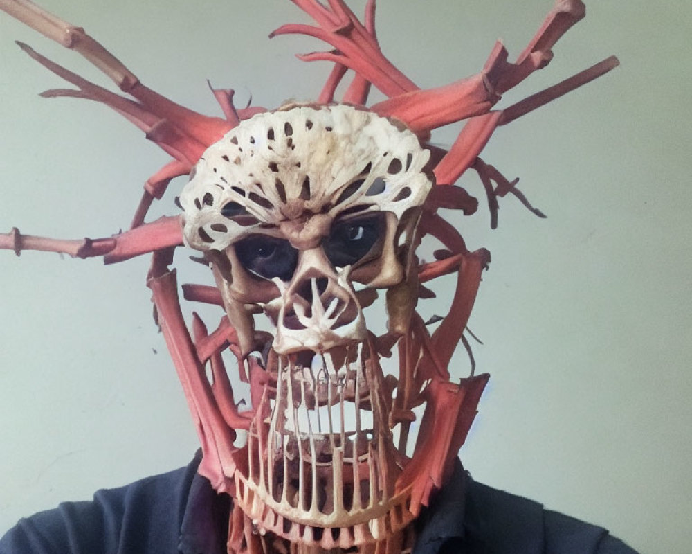 Skull mask with elongated teeth and red branch headdress on plain background