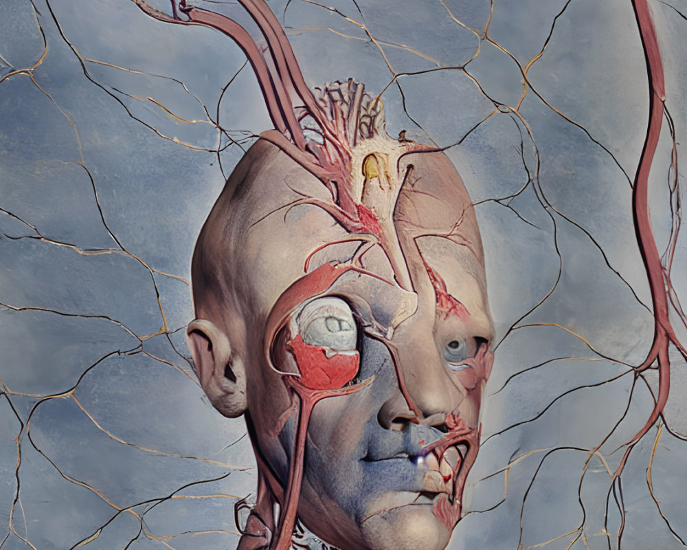 Detailed Human Head Anatomy: Muscles and Vascular System with Arteries and Veins