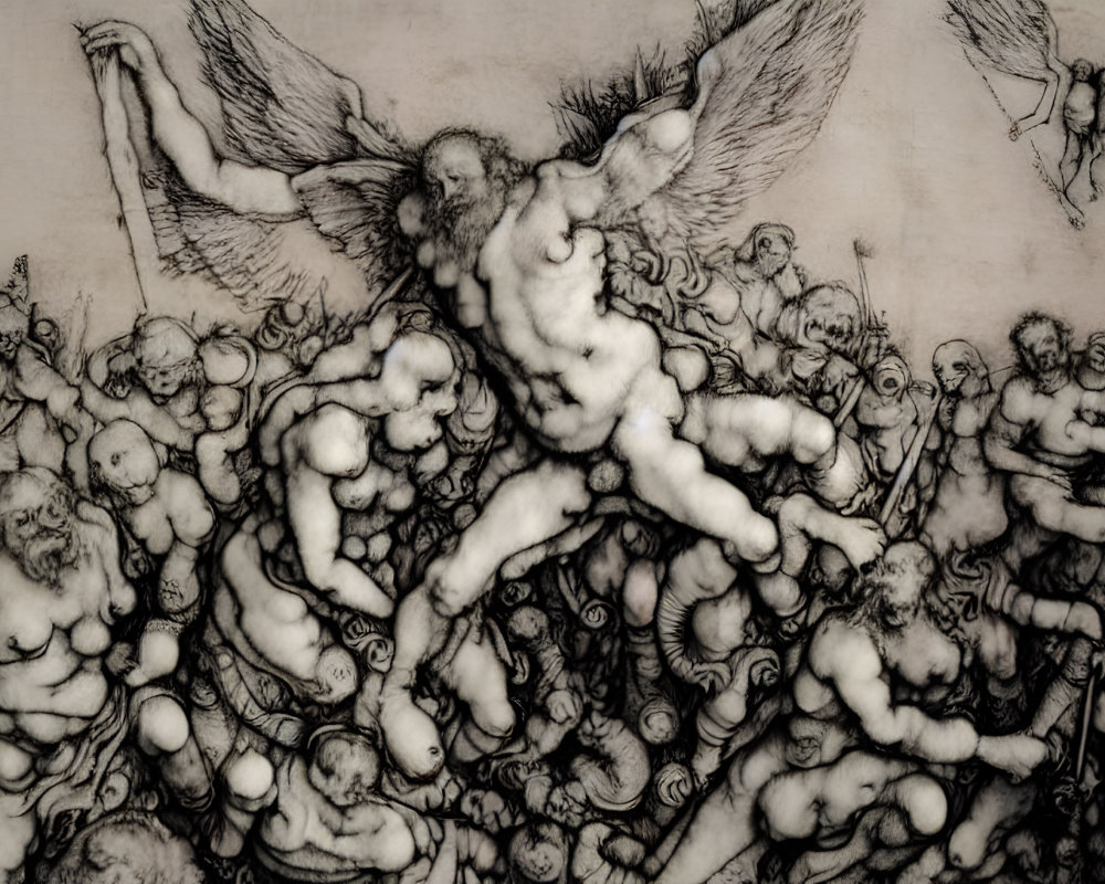 Detailed monochrome illustration of cherubs and figures in a mythological scene.