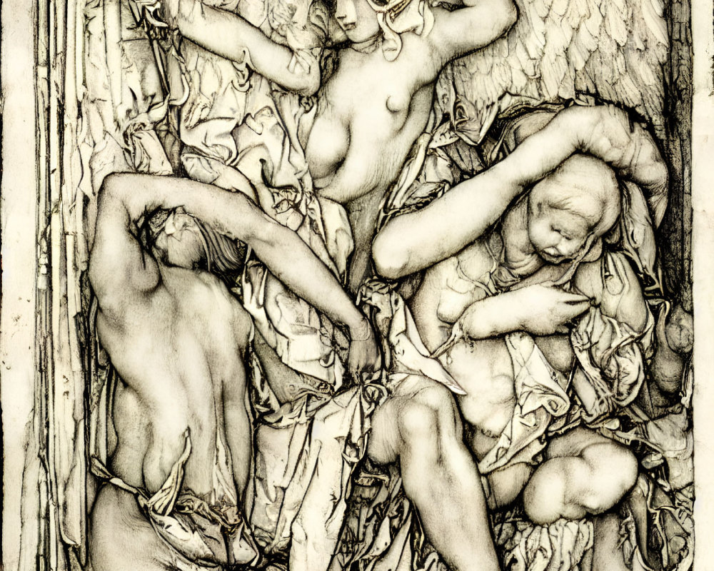 Detailed sketch of multiple figures with angelic wings in various poses, central figure surrounded by flowing drap
