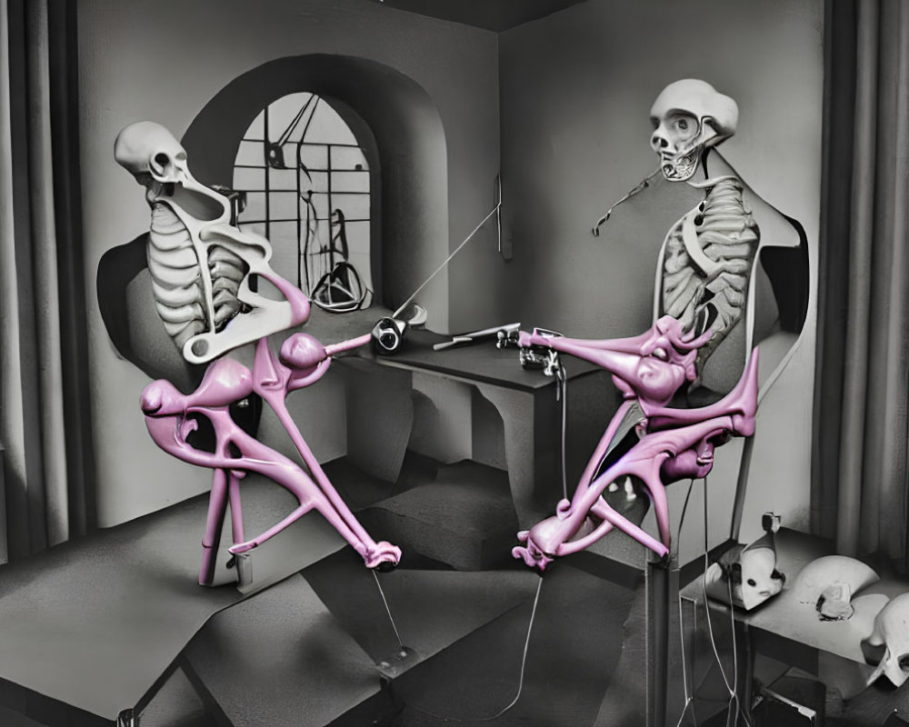 Skeletons in a room, one cutting the other's hair with salon equipment