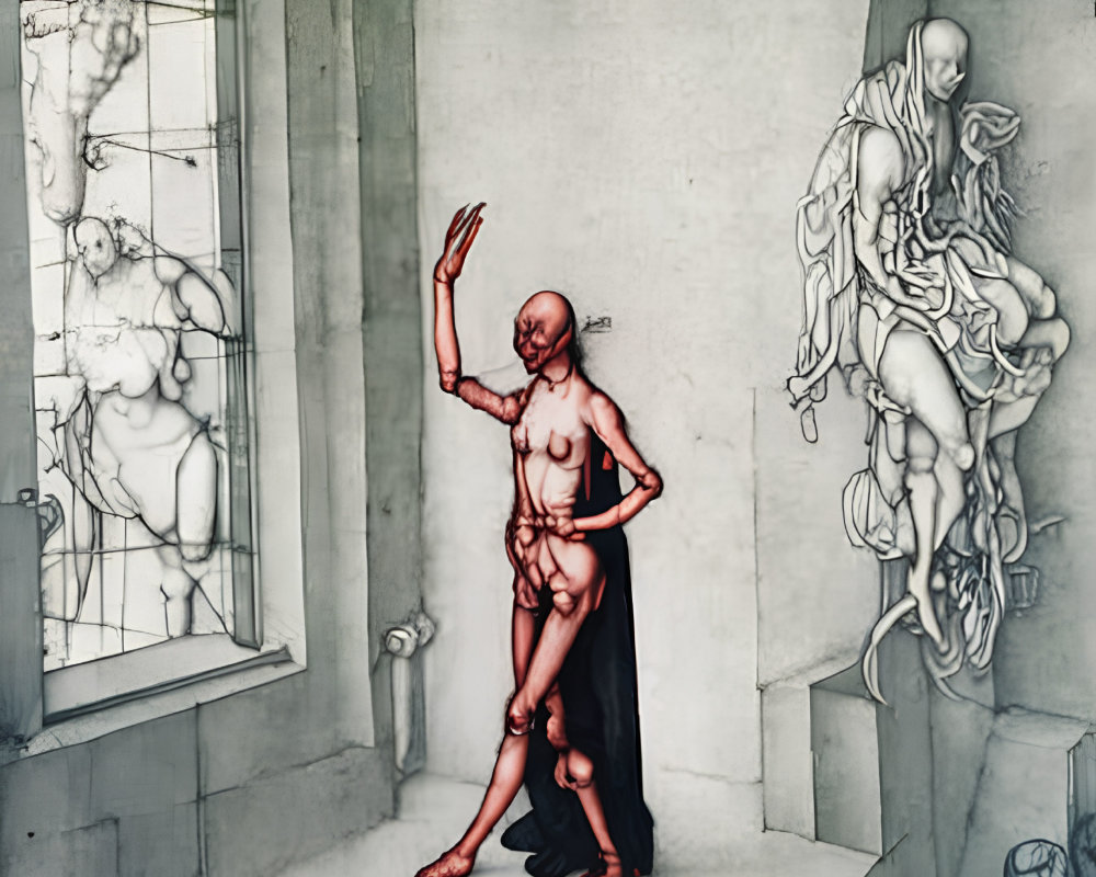 Surreal humanoid figure with exposed muscles in classical pose surrounded by anatomical studies and sketches in mon