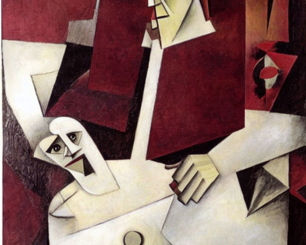 Abstract Cubist Painting of Two Human Figures in Geometric Shapes