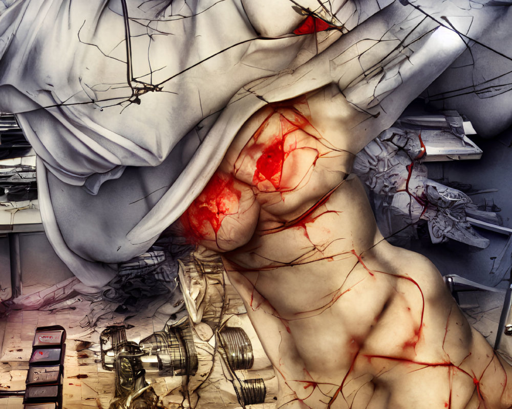Surreal digital artwork of muscular figure breaking desk