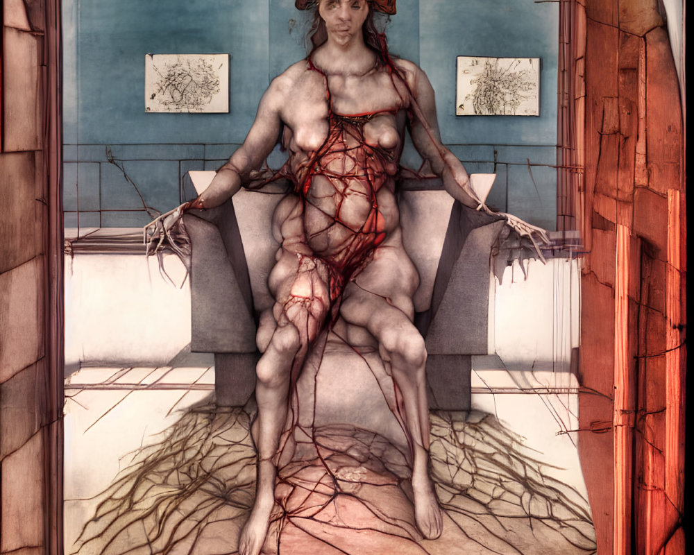 Surreal Artwork: Crowned Figure in Chair with Veins/Roots