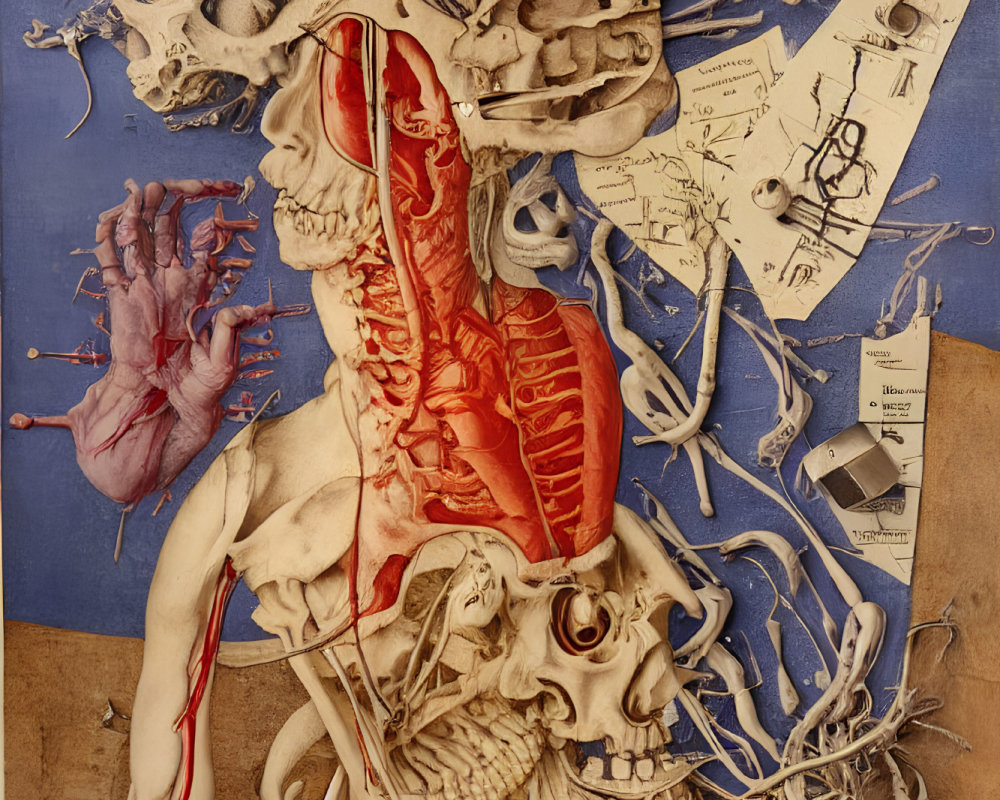 Detailed Anatomy Artwork Featuring Muscles, Skeleton, and Scientific Diagrams on Blue Background