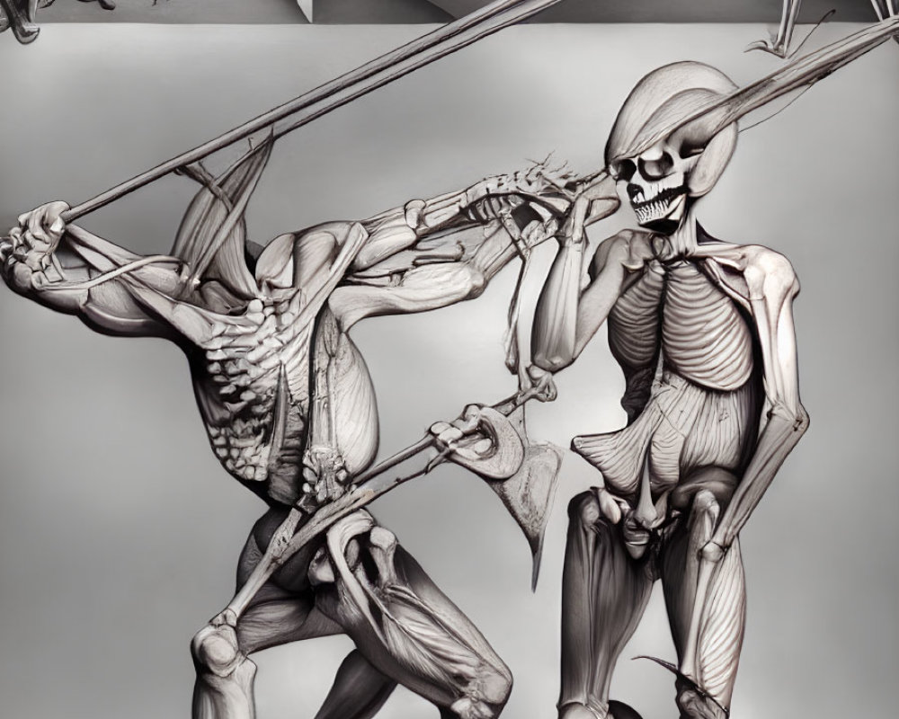 Dynamic grayscale skeleton illustration with weapons in motion poses.