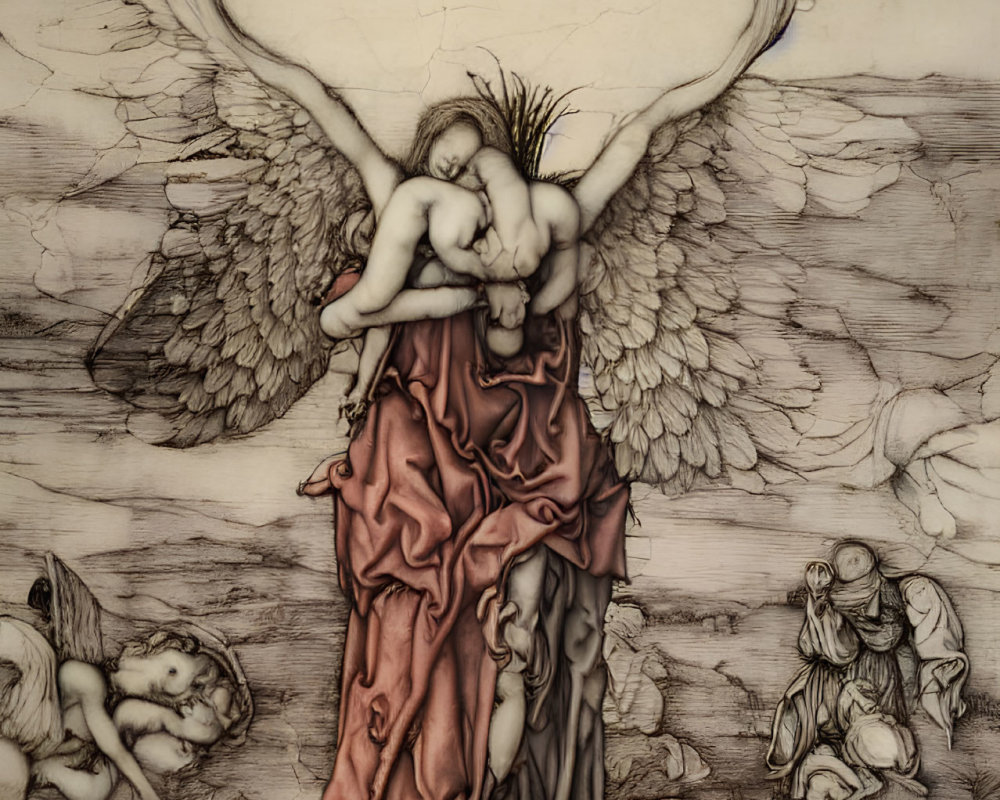Angel with outstretched wings embracing small figure among somber faces