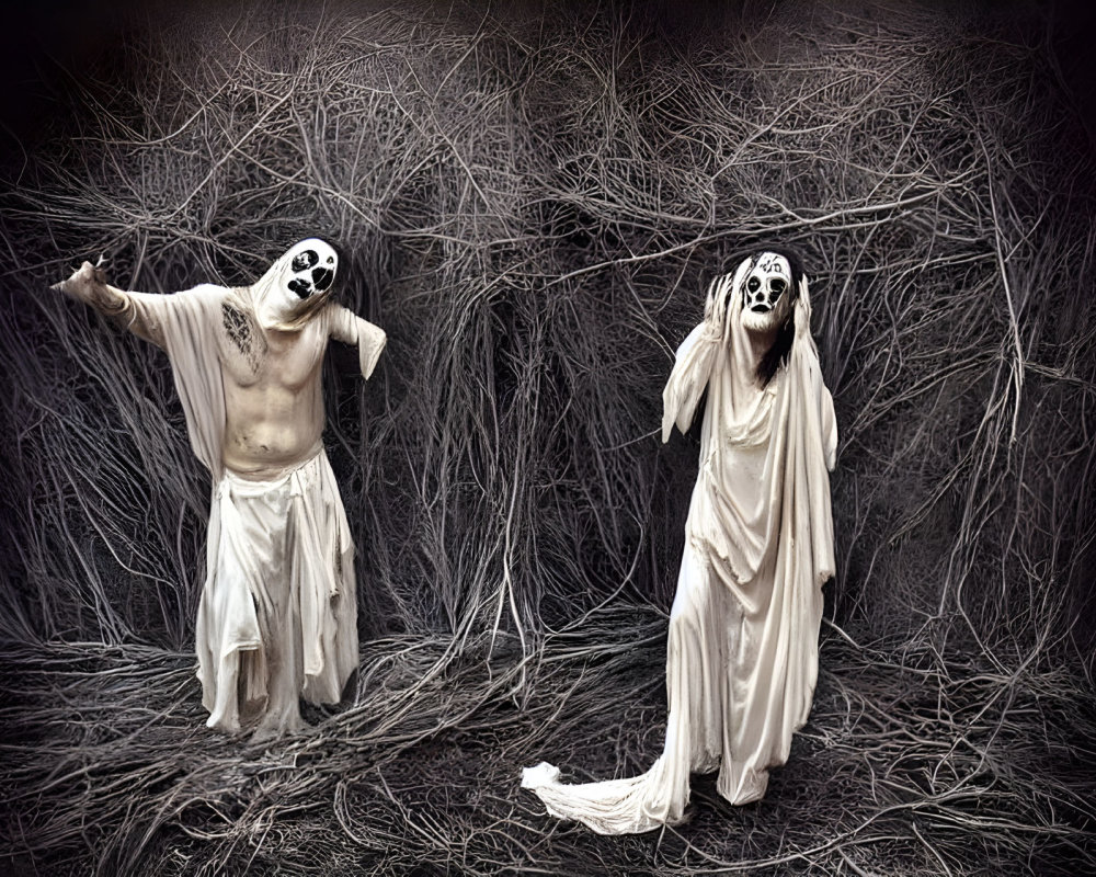 Two Figures in White Robes with Skull Face Paint in Dark, Twig-Filled Setting
