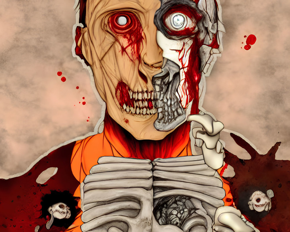 Detailed half-zombie illustration with exposed skull, ribs, and organs on bloodstained backdrop.
