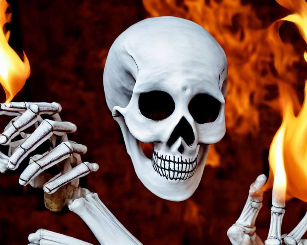 Skeleton with Grinning Skull and Flaming Torches in Fire Backdrop