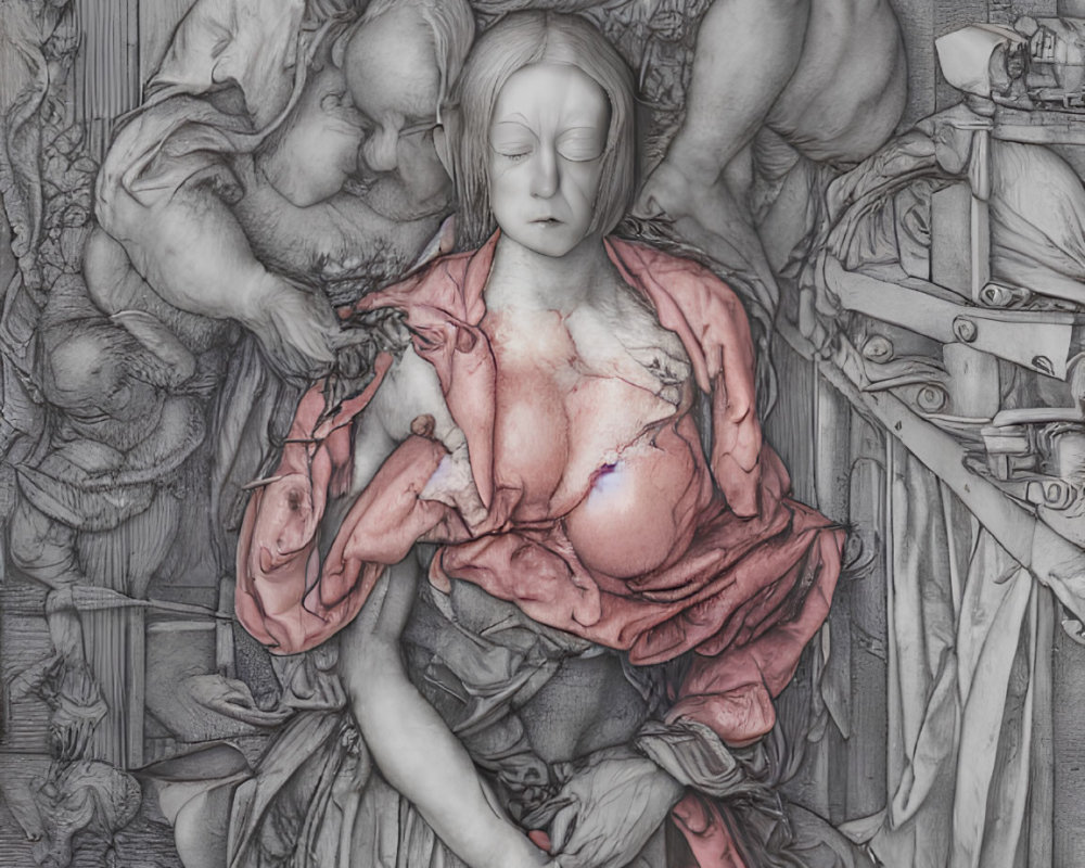 Grayscale image with central colored figure surrounded by chaotic details