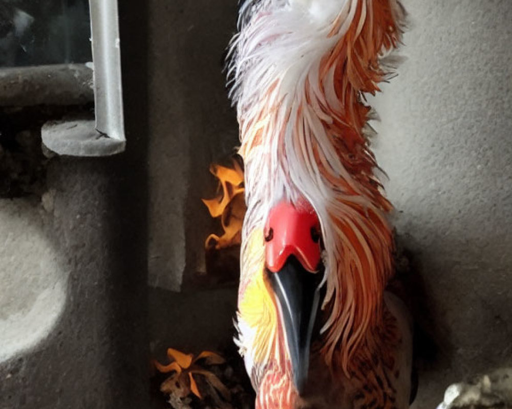 Colorful artificial bird with red and white plumage and plastic eyes beside small figurine in decorative setup