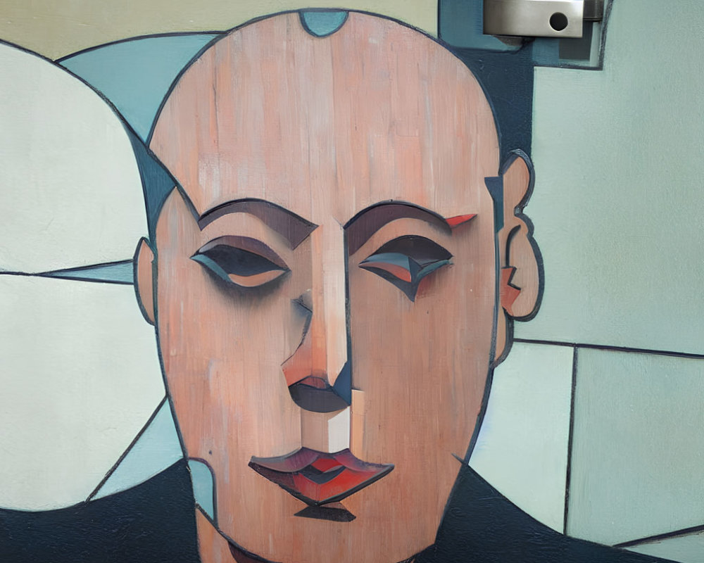 Geometric wooden mural of a neutral human face with camera above