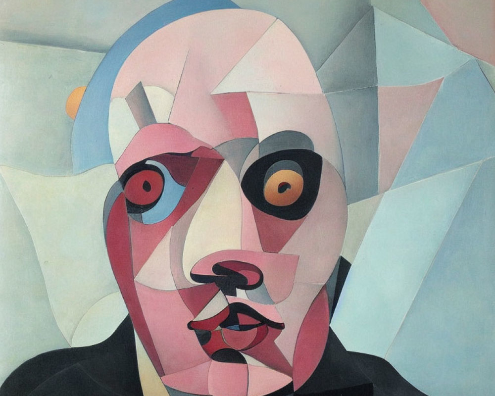 Geometric Cubist-style portrait with fragmented face in muted colors