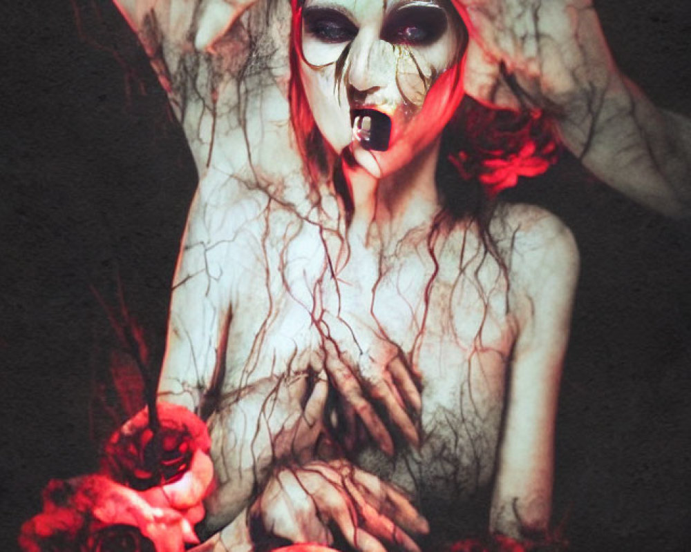 Ghostly Face Holding Red Roses with Dark Veins Detail