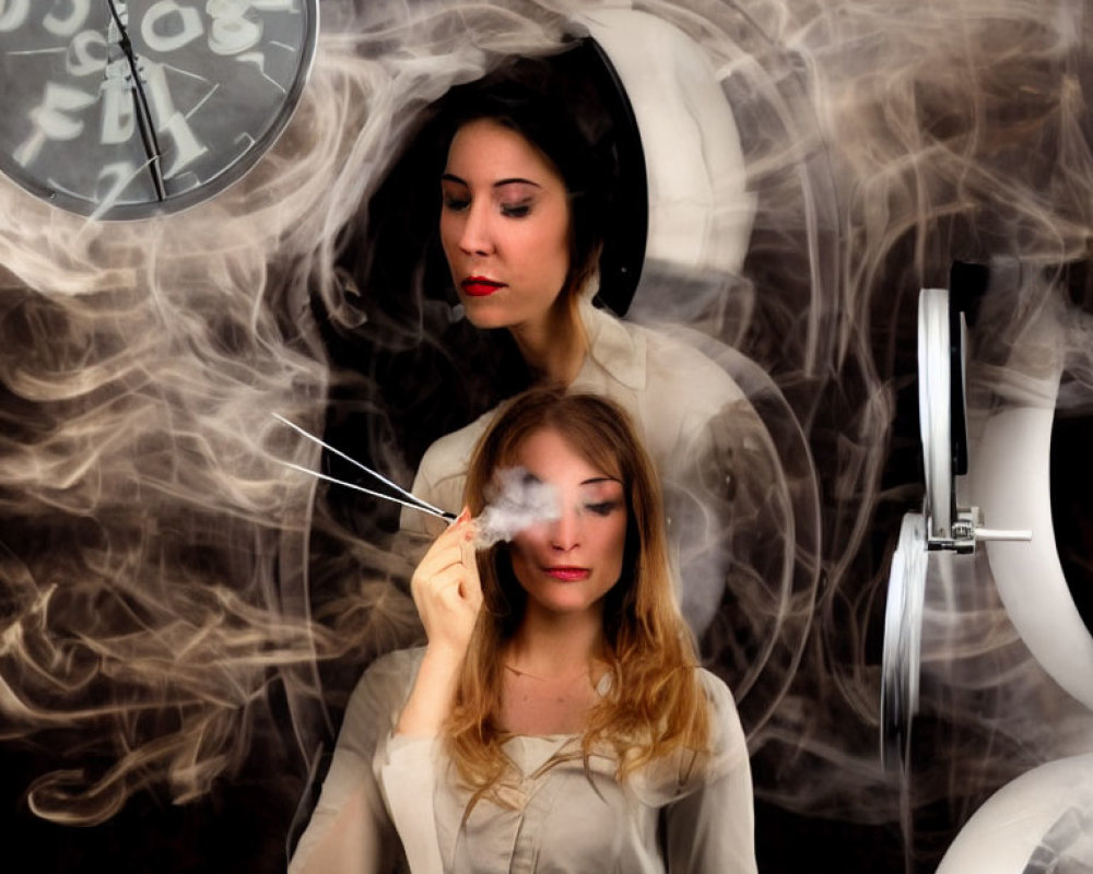 Two women in swirling smoke with floating clocks and a conductor's baton.