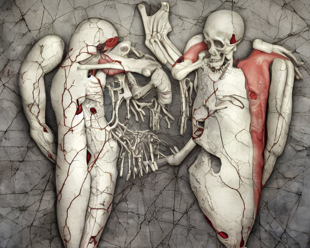 Detailed artwork of skeletal figures with cracked skin on gray background