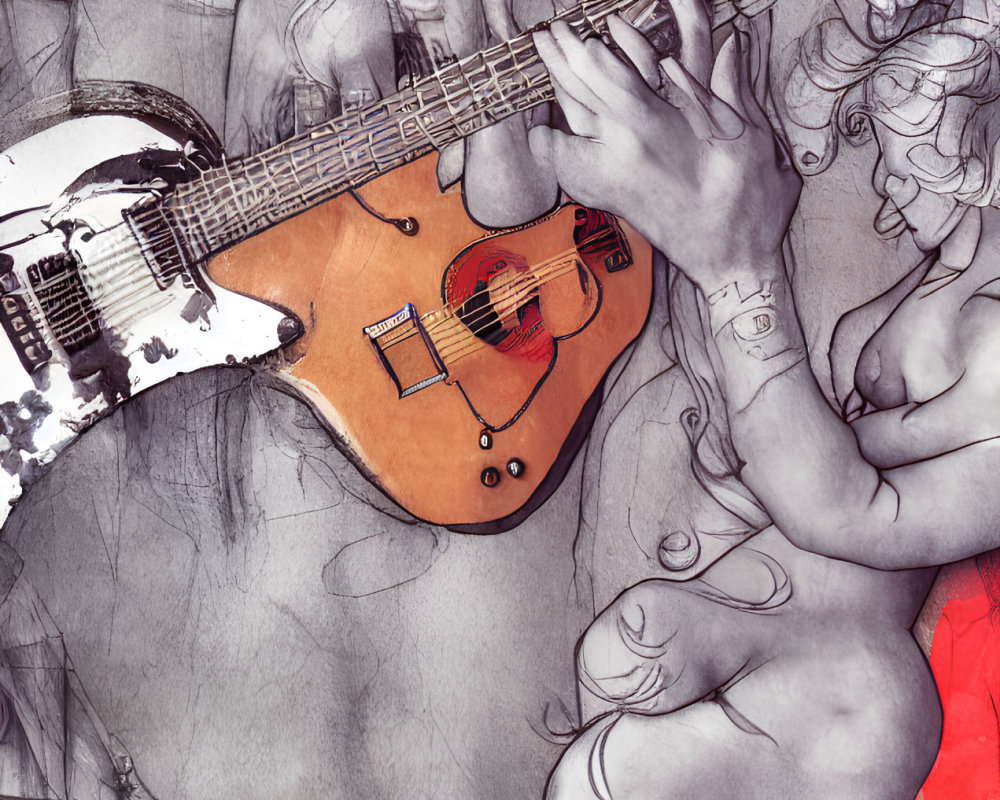 Detailed sketch of person playing guitar with long hair
