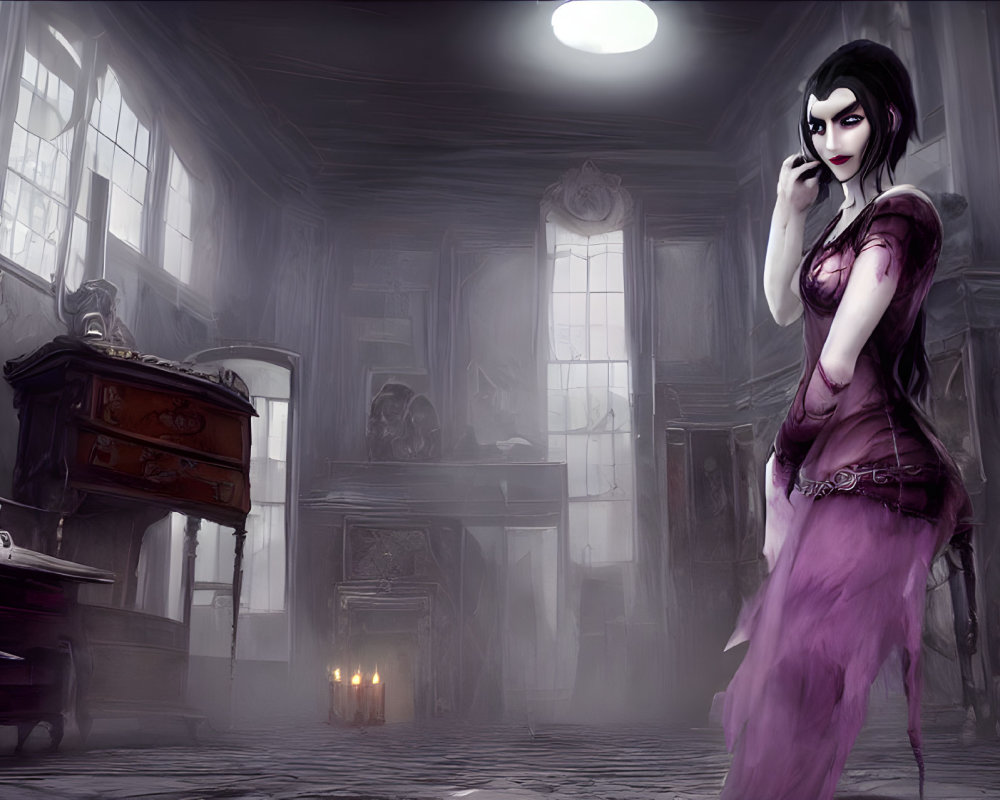 Gothic-style illustration of pale woman in dim, candlelit room