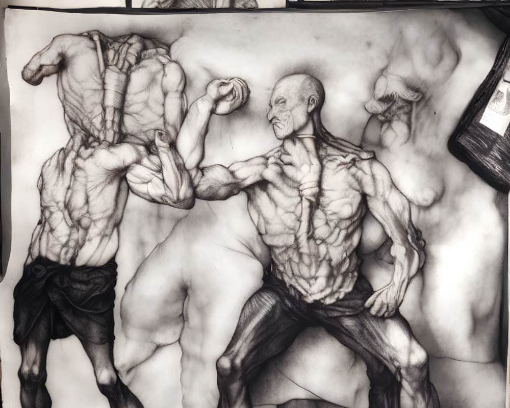 Detailed sketch of two muscular male figures in dynamic poses alongside character drawings in a studio