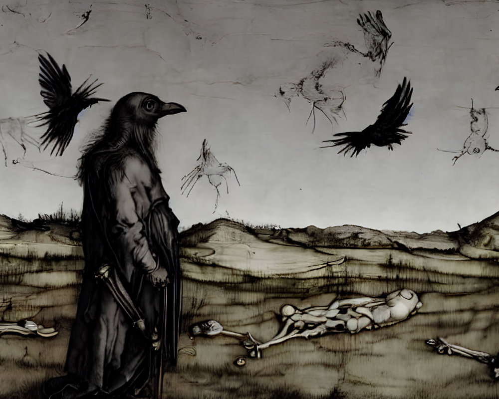 Eerie hooded figure with bird-like mask among crows and skeletal remains
