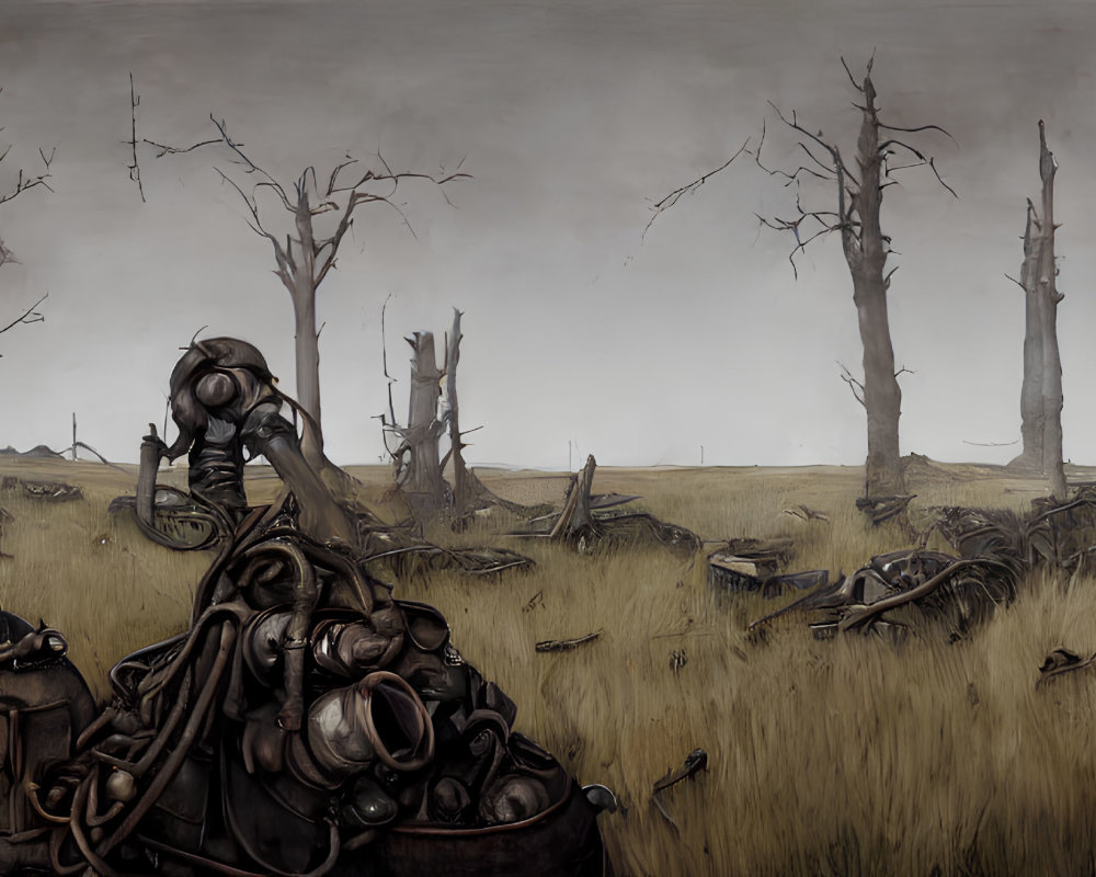 Desolate landscape with humanoid robot, barren trees, debris, and empty signpost.