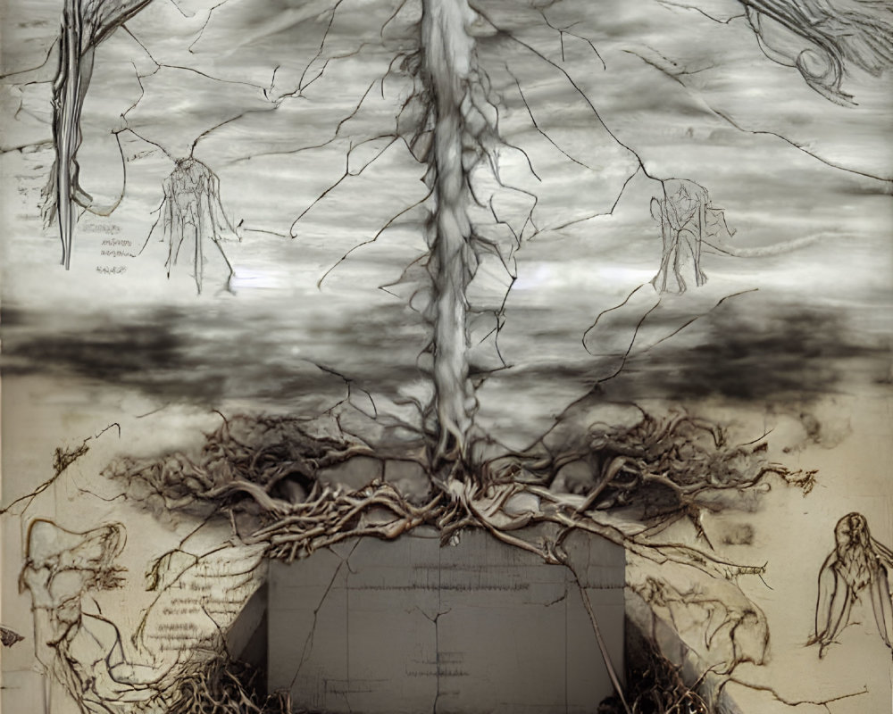 Intricate Cube and Root System with Humanoid Figures on Neutral Background