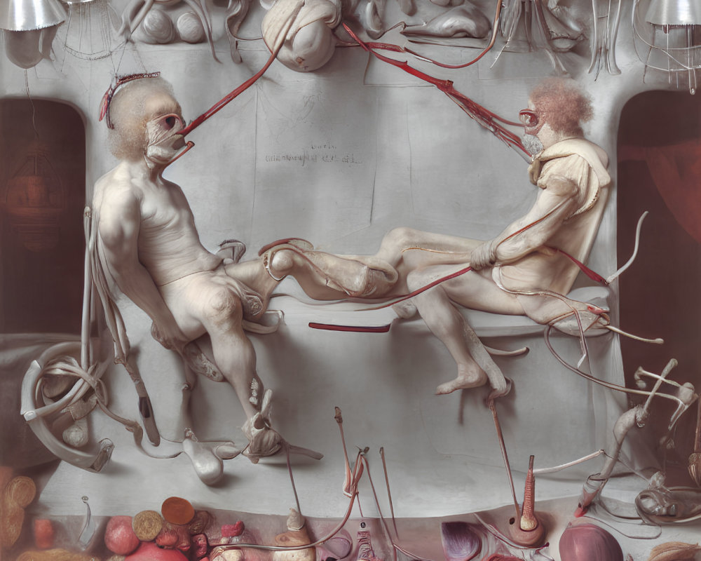 Surreal artwork with human figures connected by red cords among anatomical parts and whimsical instruments