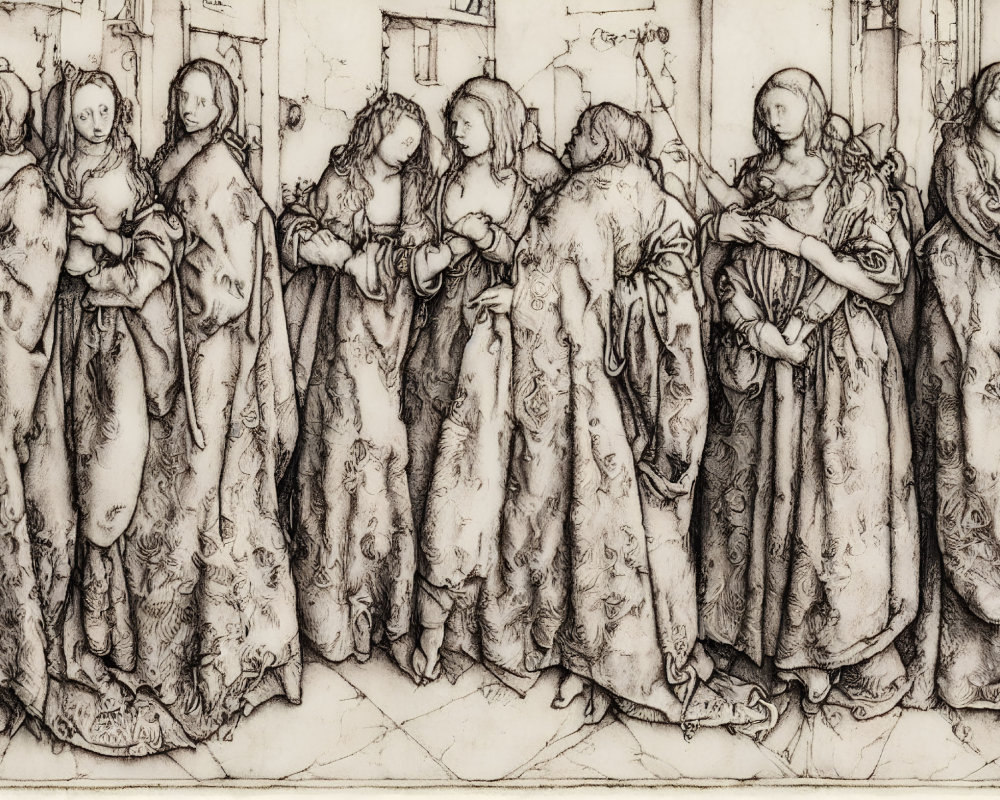 Eight women in medieval dresses with intricate patterns, standing in a line